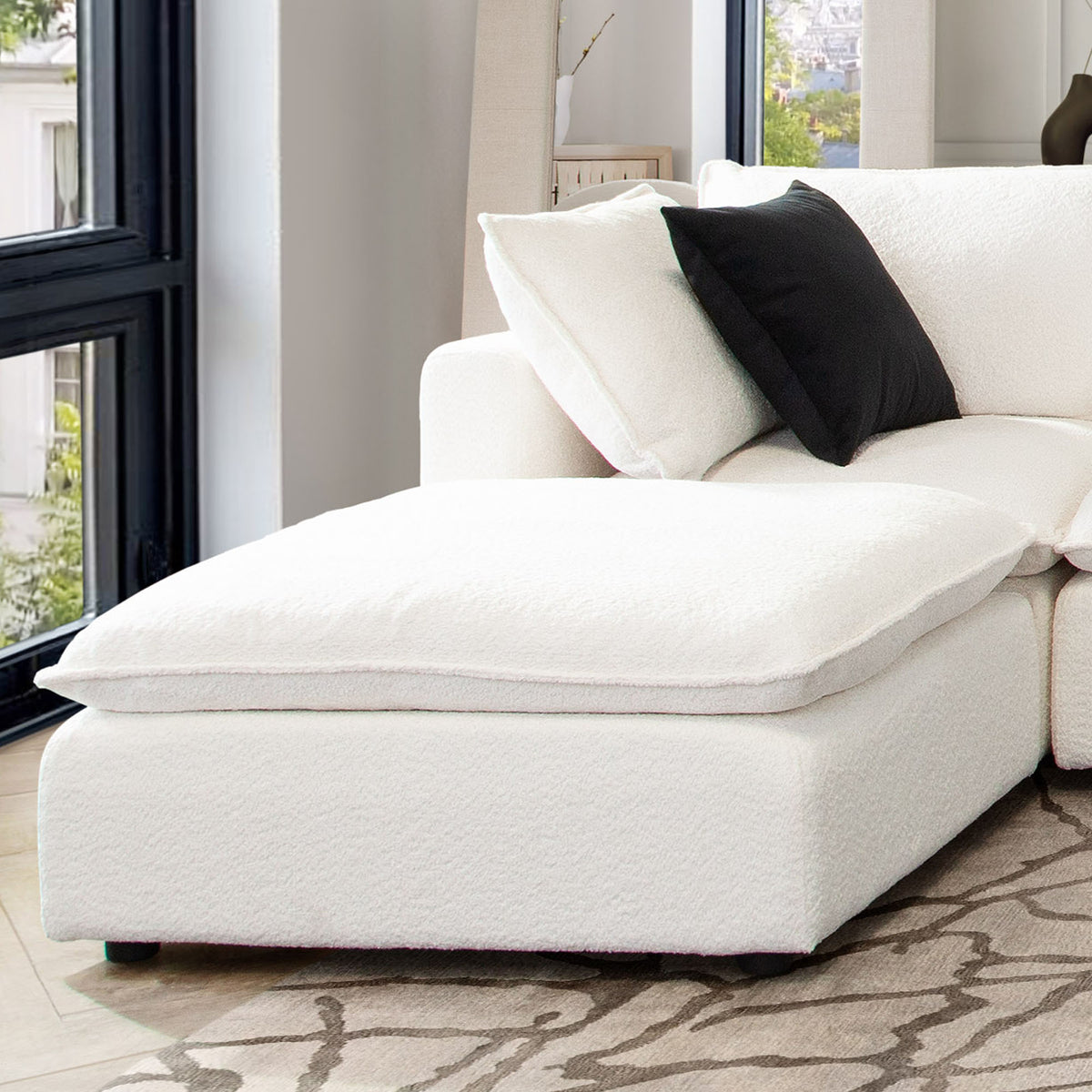 Ivy Square Ottoman in White Faux Shearling w/ Feather Down Seating by Diamond Sofa - styled in a staged room by Center Stage Home Design
