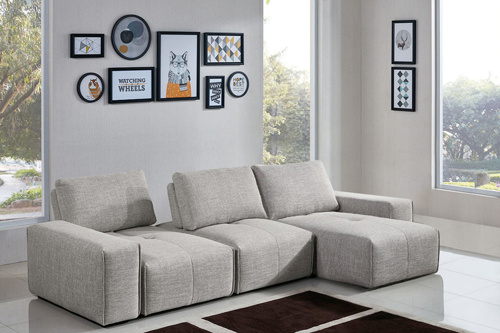 Jazz Modular 3-Seater Chaise Sectional with Adjustable Backrests in Light Brown Fabric by Diamond Sofa - styled in a staged room by Center Stage Home Design