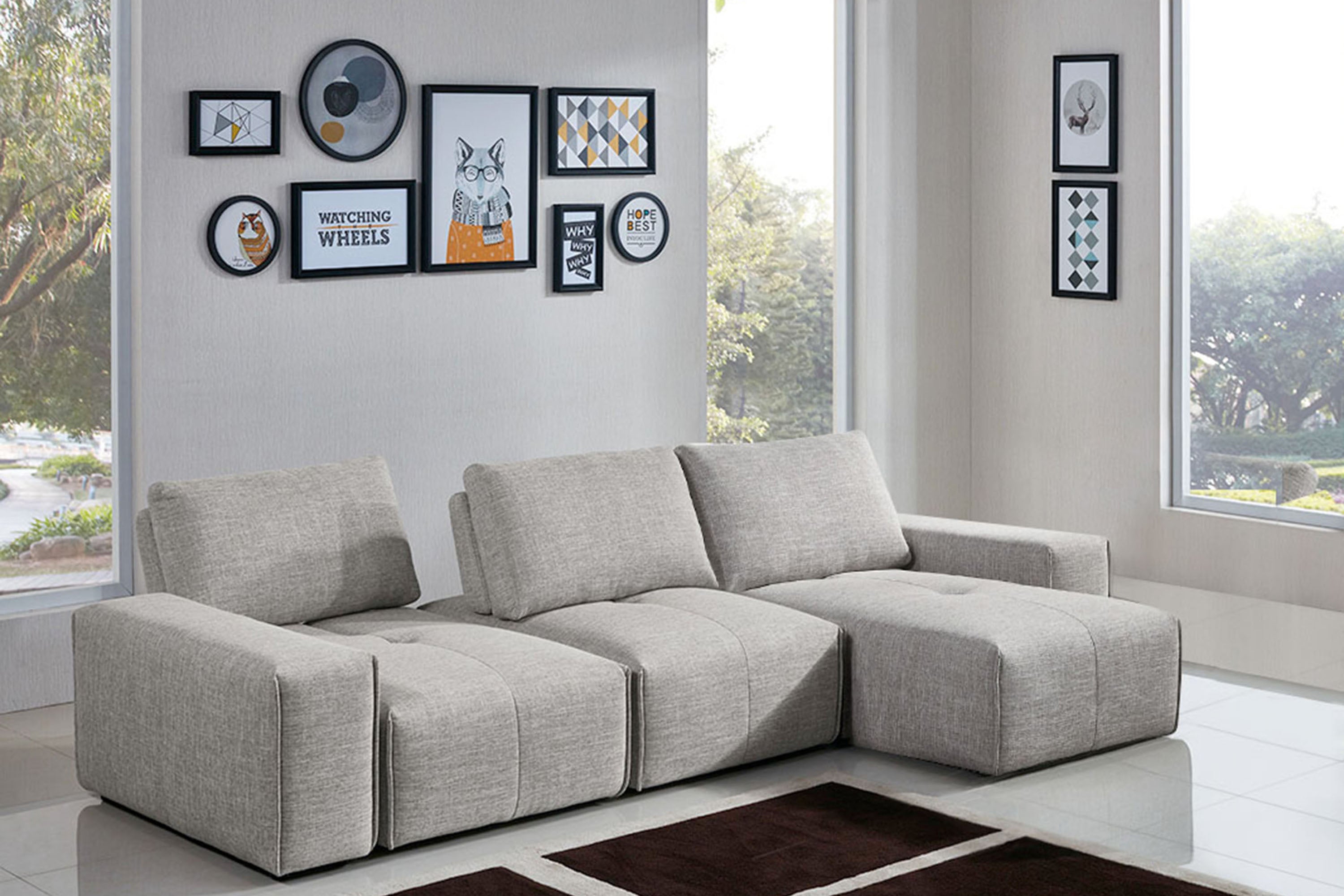 Jazz Modular 3-Seater Chaise Sectional with Adjustable Backrests in Light Brown Fabric by Diamond Sofa - styled in a staged room by Center Stage Home Design