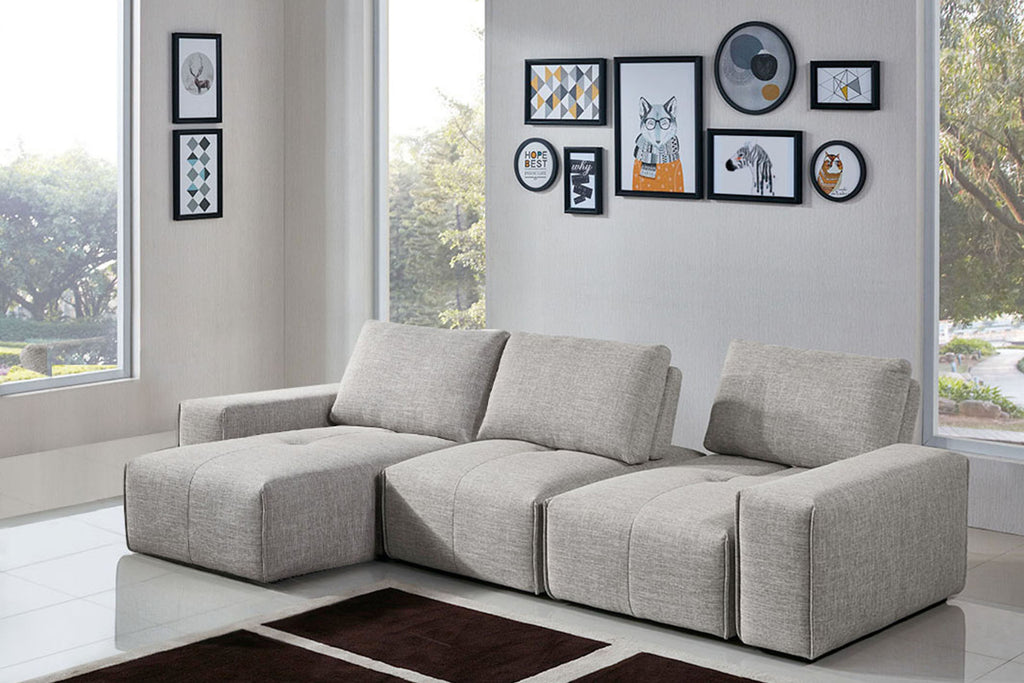 Jazz Modular 3-Seater Chaise Sectional with Adjustable Backrests in Light Brown Fabric by Diamond Sofa - styled in a staged room by Center Stage Home Design