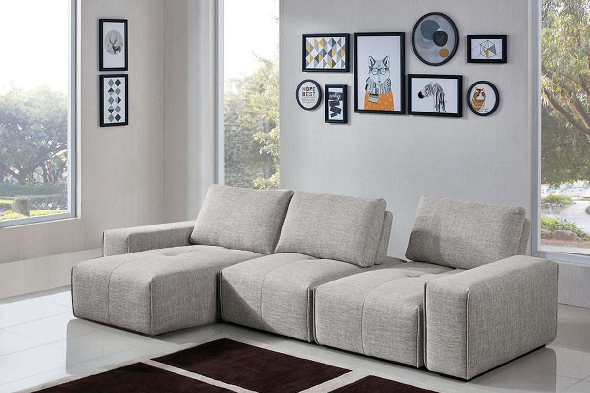 Jazz Modular 3-Seater Chaise Sectional with Adjustable Backrests in Light Brown Fabric by Diamond Sofa - styled in a staged room by Center Stage Home Design