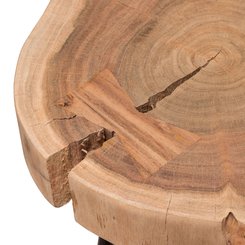 Joss Natural Acacia One of a Kind Live Edge Accent Table w/ Black Hairpin Legs by Diamond Sofa - styled in a staged room by Center Stage Home Design