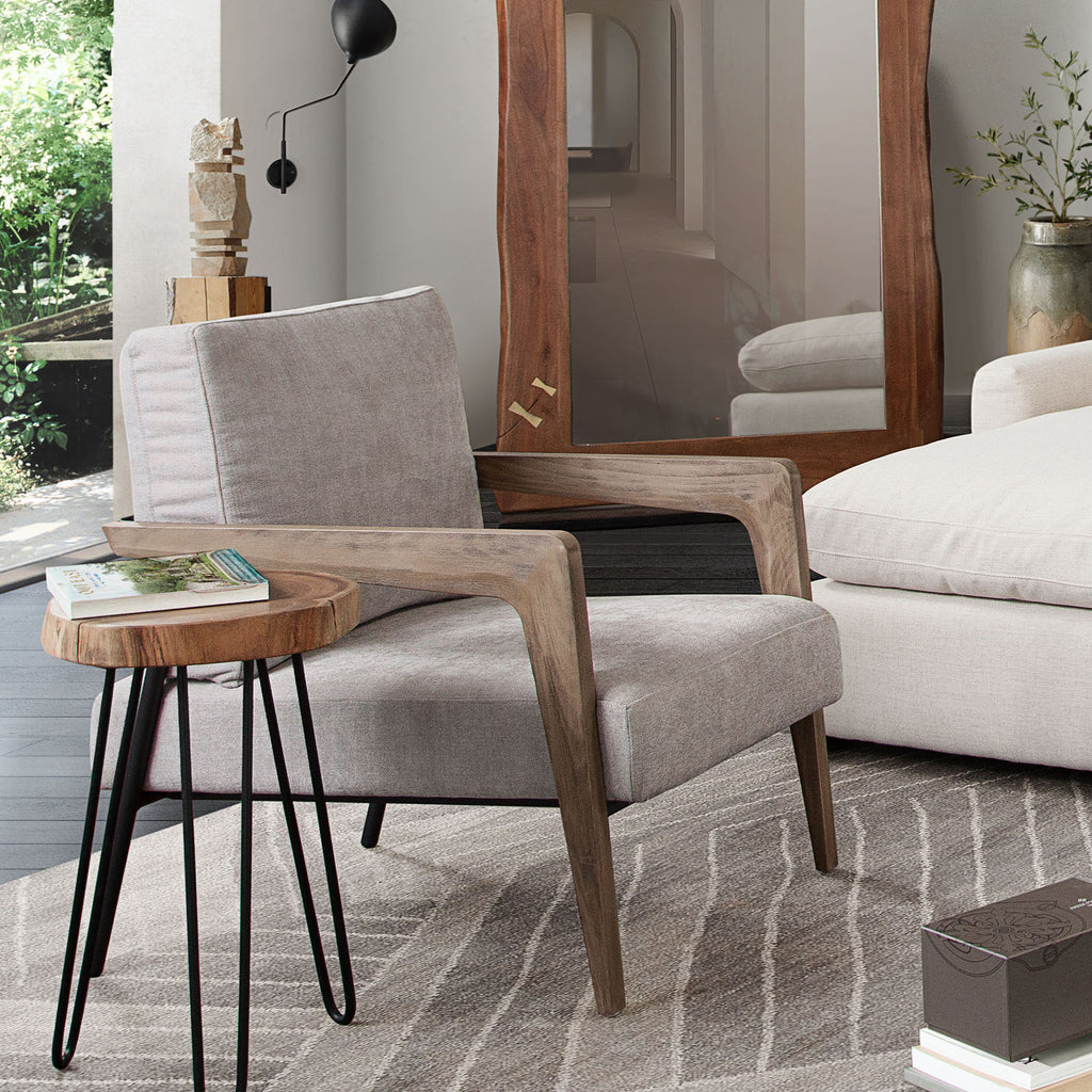 Joss Natural Acacia One of a Kind Live Edge Accent Table w/ Black Hairpin Legs by Diamond Sofa - styled in a staged room by Center Stage Home Design