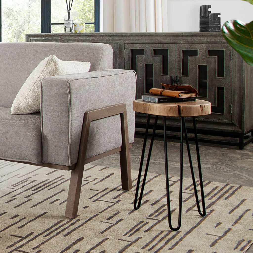 Joss Natural Acacia One of a Kind Live Edge Accent Table w/ Black Hairpin Legs by Diamond Sofa - styled in a staged room by Center Stage Home Design