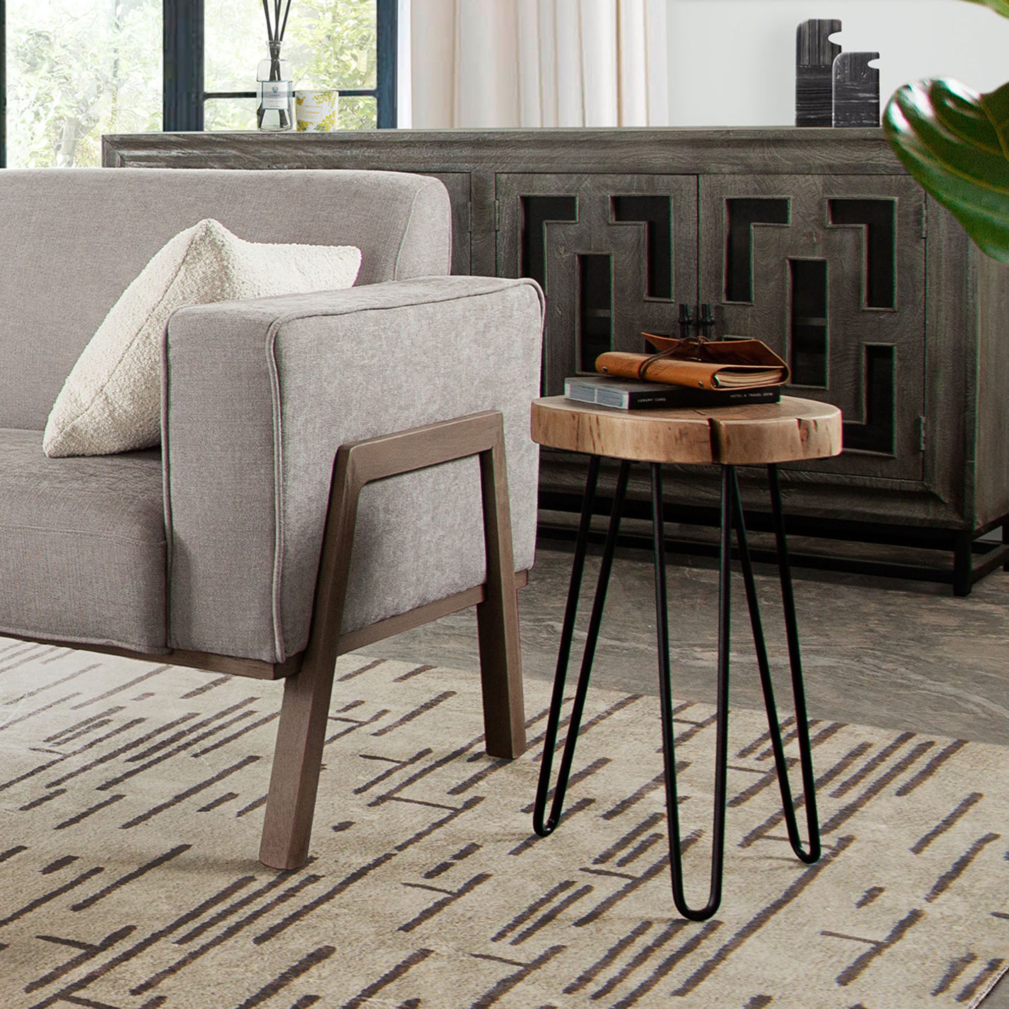 Joss Natural Acacia One of a Kind Live Edge Accent Table w/ Black Hairpin Legs by Diamond Sofa - styled in a staged room by Center Stage Home Design