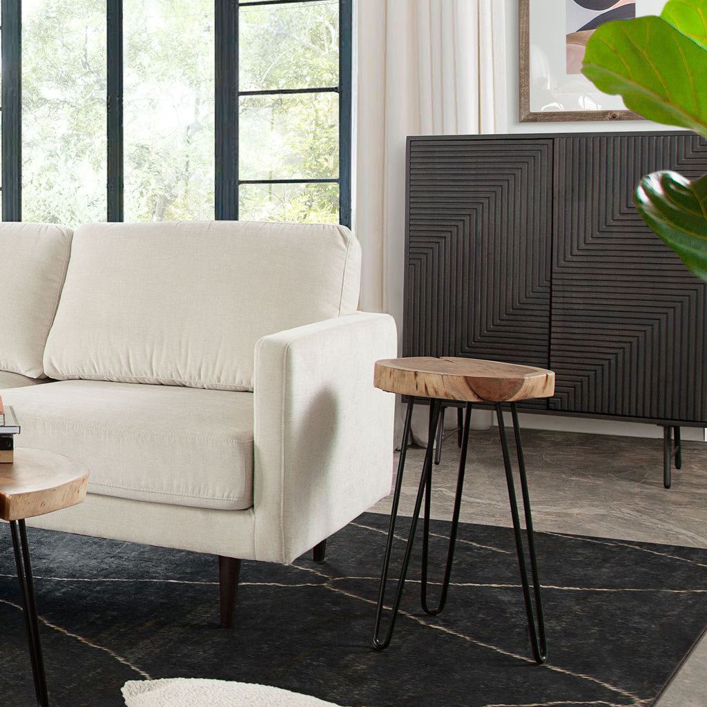 Joss Natural Acacia One of a Kind Live Edge Accent Table w/ Black Hairpin Legs by Diamond Sofa - styled in a staged room by Center Stage Home Design