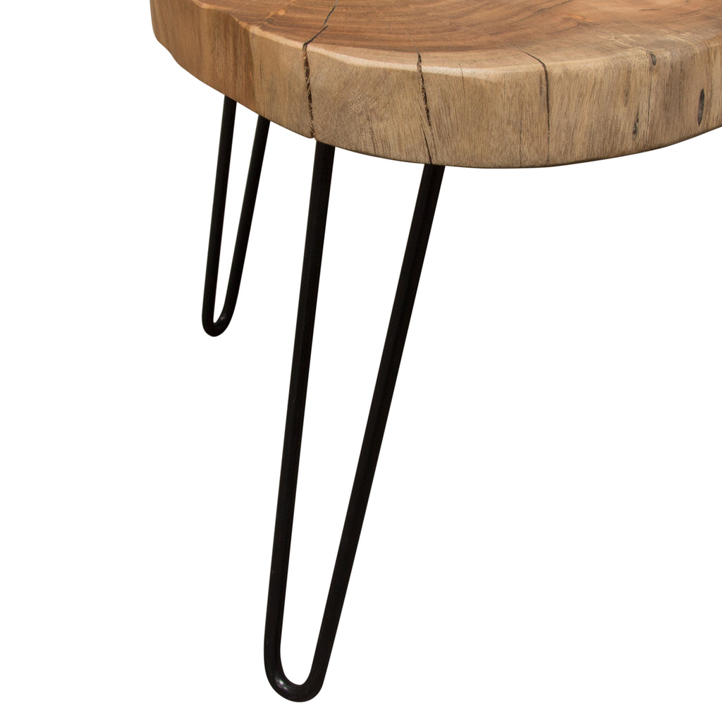 Joss Natural Acacia One of a Kind Live Edge Rectangle Cocktail Table w/ Black Hairpin Legs by Diamond Sofa - styled in a staged room by Center Stage Home Design