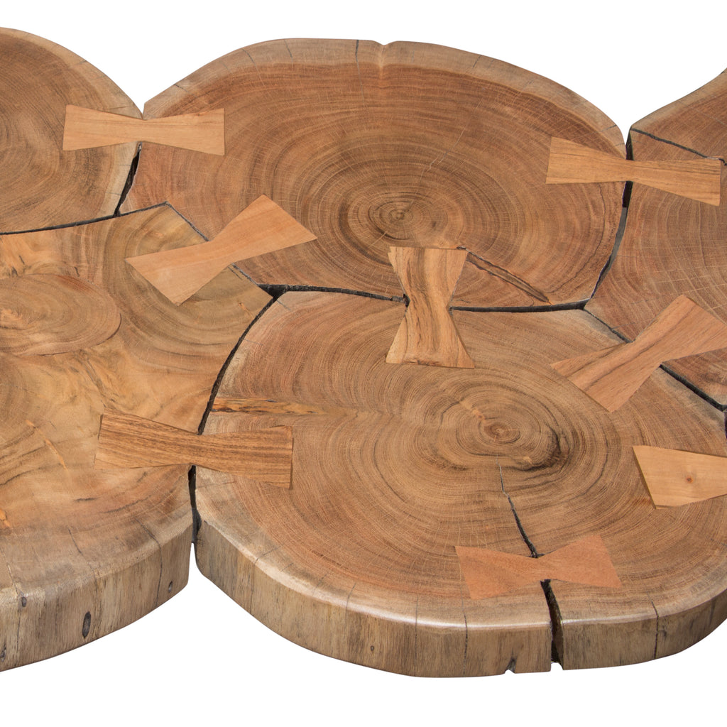 Joss Natural Acacia One of a Kind Live Edge Rectangle Cocktail Table w/ Black Hairpin Legs by Diamond Sofa - styled in a staged room by Center Stage Home Design