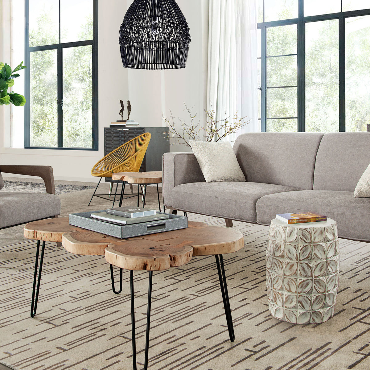 Joss Natural Acacia One of a Kind Live Edge Rectangle Cocktail Table w/ Black Hairpin Legs by Diamond Sofa - styled in a staged room by Center Stage Home Design