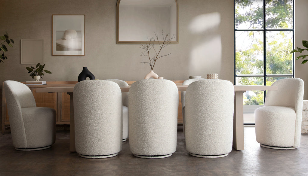 Kendall Dining/Accent Swivel Chair in Ivory Boucle Fabric by Diamond Sofa - styled in a staged room by Center Stage Home Design