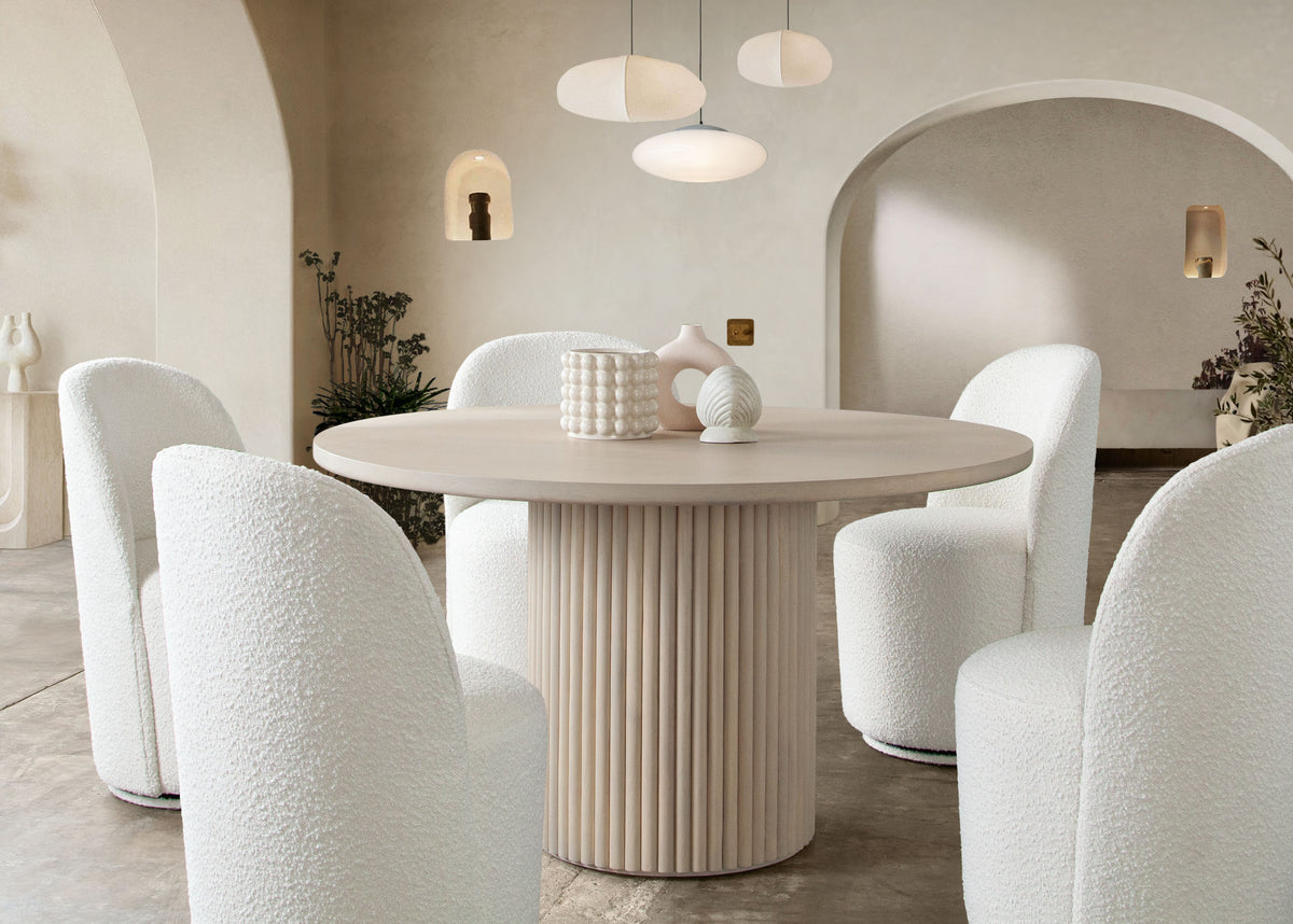 Kendall Dining/Accent Swivel Chair in Ivory Boucle Fabric by Diamond Sofa - styled in a staged room by Center Stage Home Design