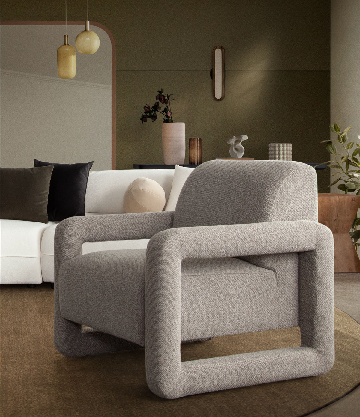 Kona Open Arm Accent Chair in Mink Polyester Fabric by Diamond Sofa - styled in a staged room by Center Stage Home Design