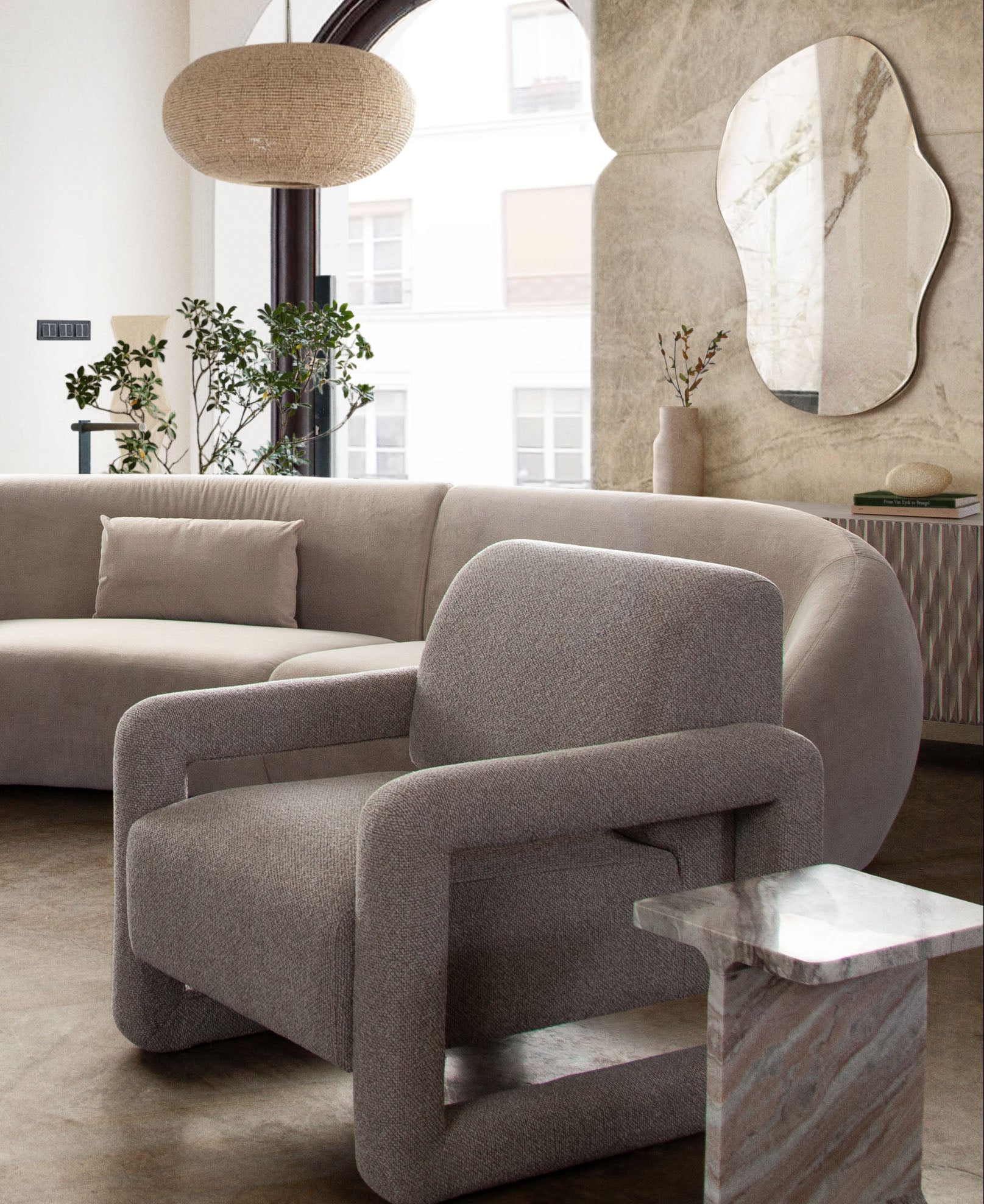 Kona Open Arm Accent Chair in Mink Polyester Fabric by Diamond Sofa - styled in a staged room by Center Stage Home Design
