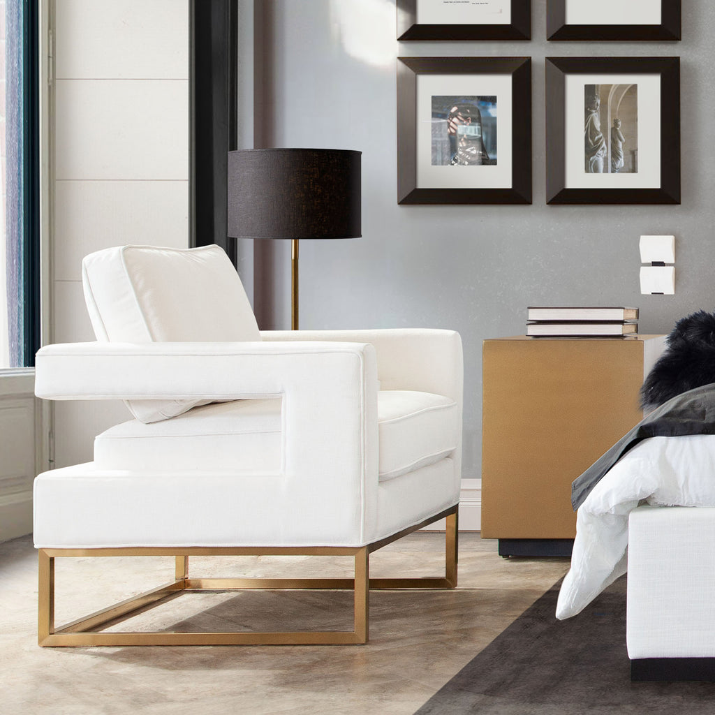 Lake Accent Chair in White Performance Fabric w/ Brushed Gold Metal Base by Diamond Sofa - styled in a staged room by Center Stage Home Design