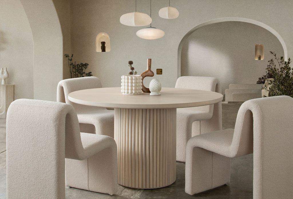 Lana Dining Chair in Camel Looped Shearling Fabric by Diamond Sofa - styled in a staged room by Center Stage Home Design