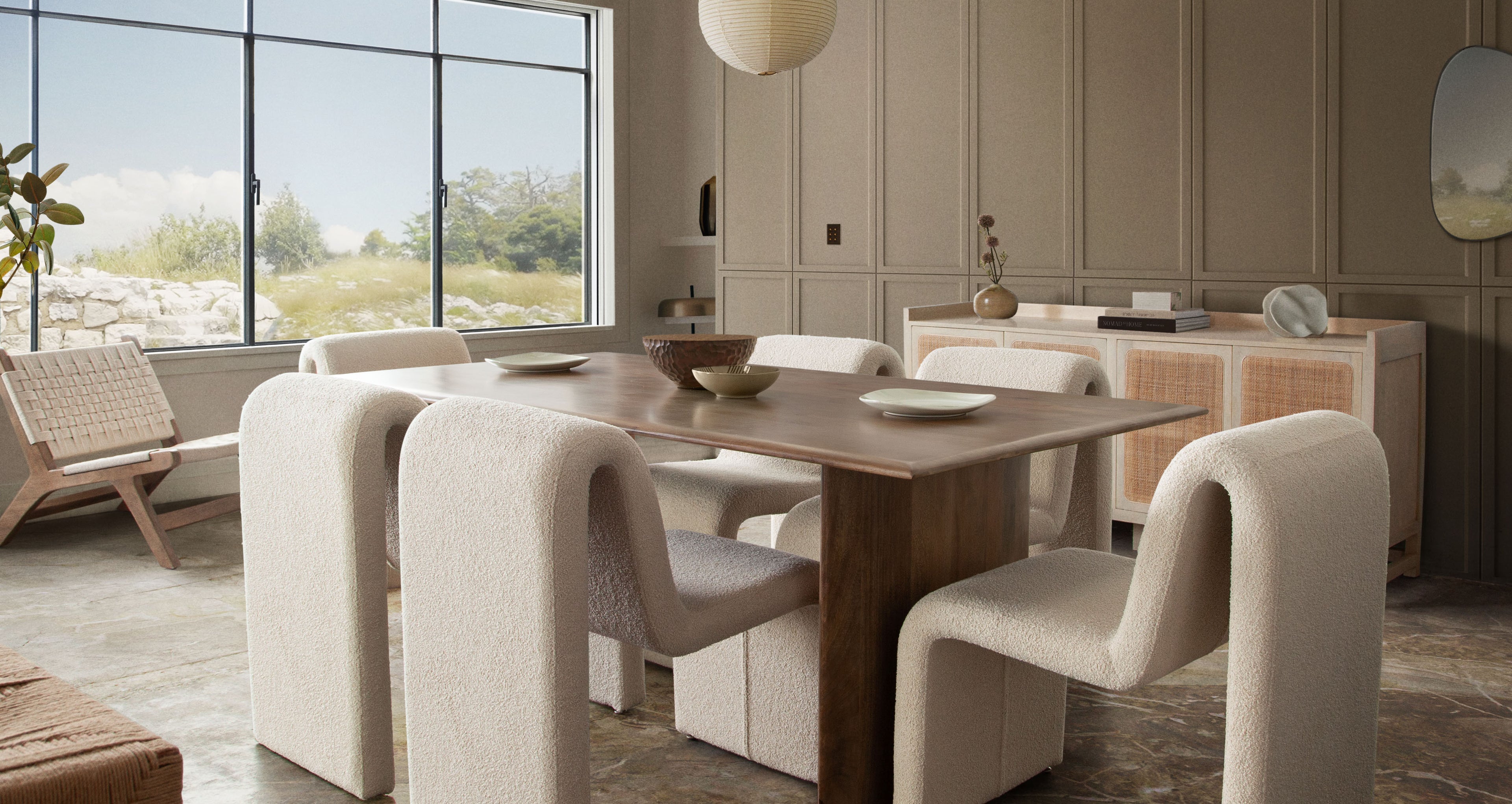 Lana Dining Chair in Camel Looped Shearling Fabric by Diamond Sofa - styled in a staged room by Center Stage Home Design