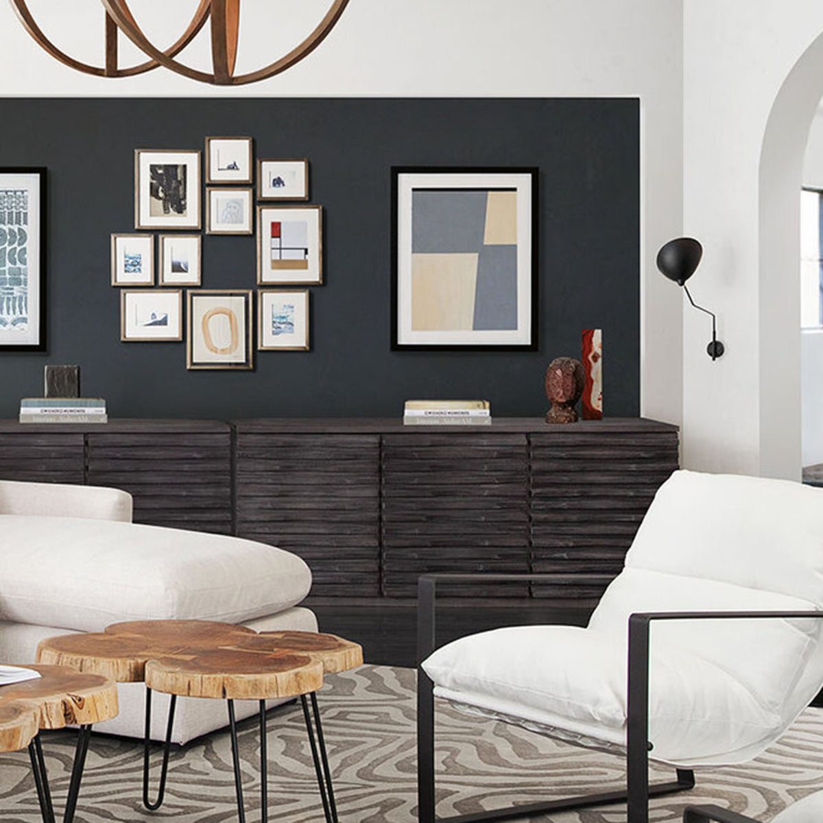 Bastille 69" 3-Door Solid Acacia Wood Sideboard in Smoke Grey Finish by Diamond Sofa - styled in a staged room by Center Stage Home Design