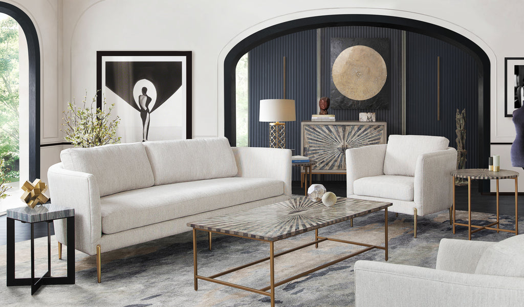 Lane Sofa in Light Cream Fabric with Gold Metal Legs by Diamond Sofa - styled in a staged room by Center Stage Home Design