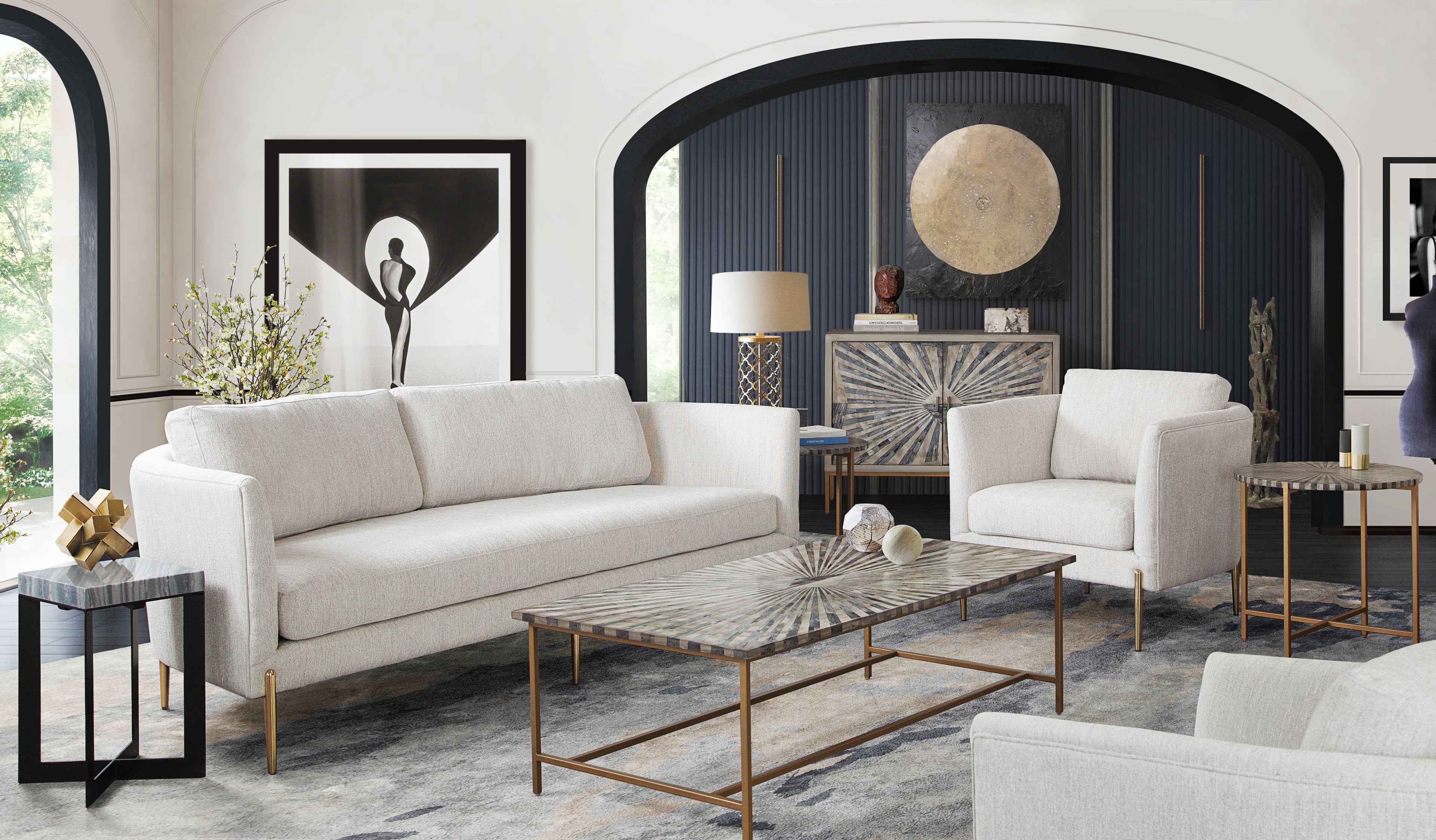 Lane Sofa in Light Cream Fabric with Gold Metal Legs by Diamond Sofa - styled in a staged room by Center Stage Home Design