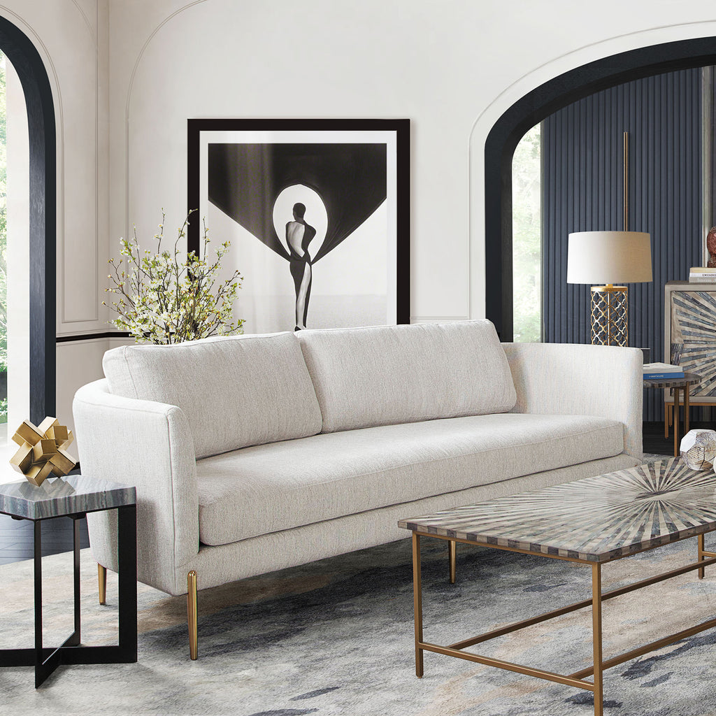 Lane Sofa in Light Cream Fabric with Gold Metal Legs by Diamond Sofa - styled in a staged room by Center Stage Home Design