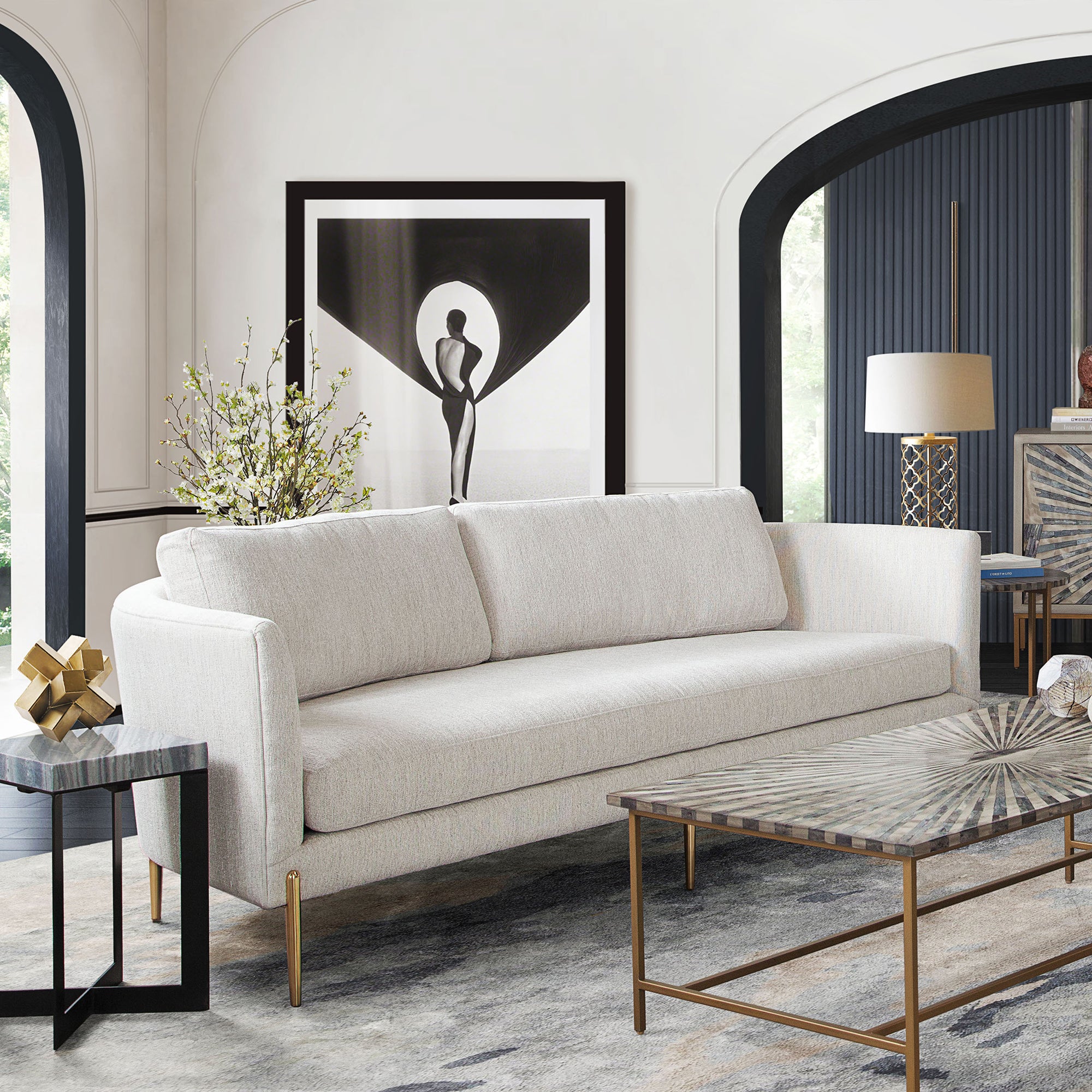 Lane Sofa in Light Cream Fabric with Gold Metal Legs by Diamond Sofa - styled in a staged room by Center Stage Home Design