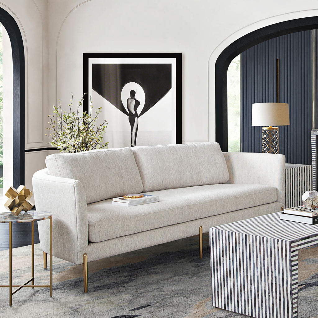 Lane Sofa in Light Cream Fabric with Gold Metal Legs by Diamond Sofa - styled in a staged room by Center Stage Home Design