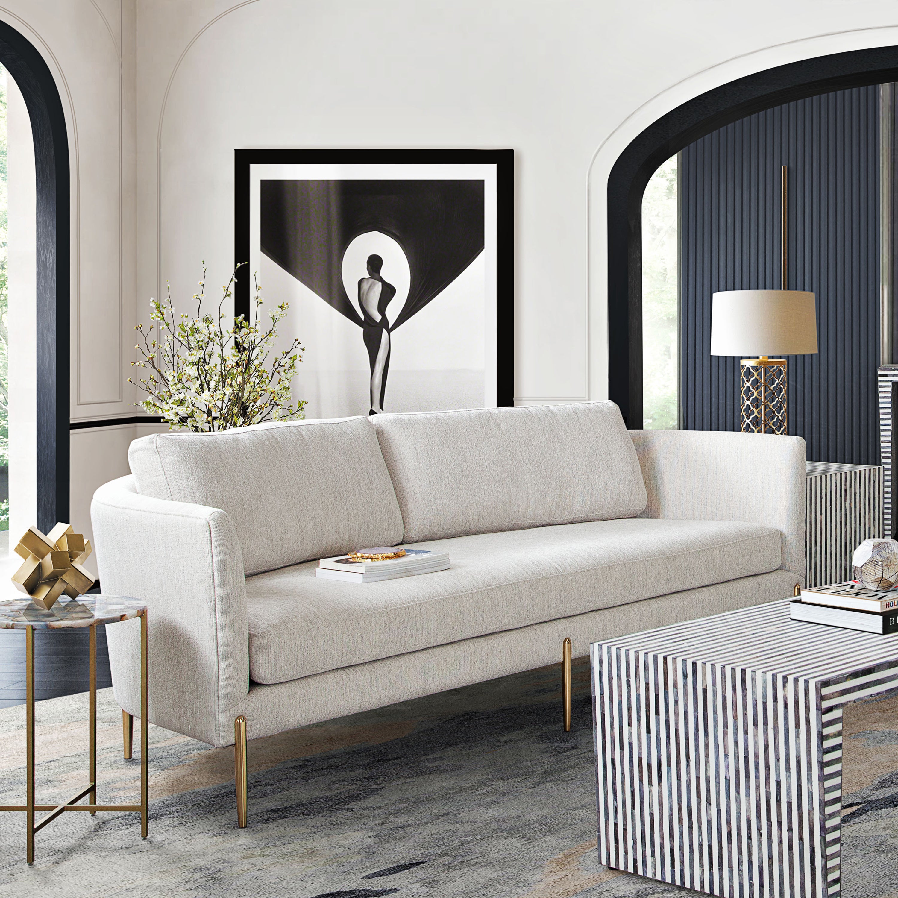 Lane Sofa in Light Cream Fabric with Gold Metal Legs by Diamond Sofa - styled in a staged room by Center Stage Home Design