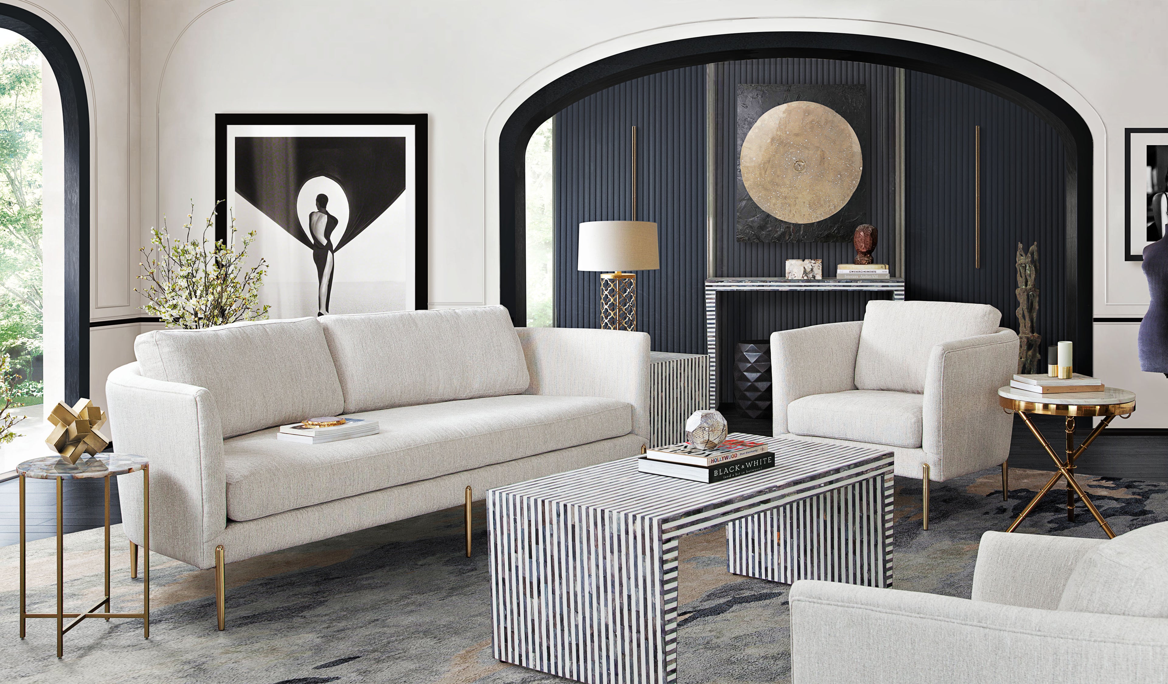 Lane Sofa in Light Cream Fabric with Gold Metal Legs by Diamond Sofa - styled in a staged room by Center Stage Home Design
