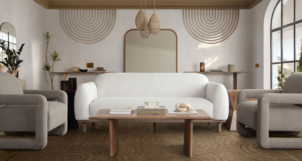 Larson Sofa in Light Barley Polyester Fabric with Wood Trim & Leg by Diamond Sofa - styled in a staged room by Center Stage Home Design