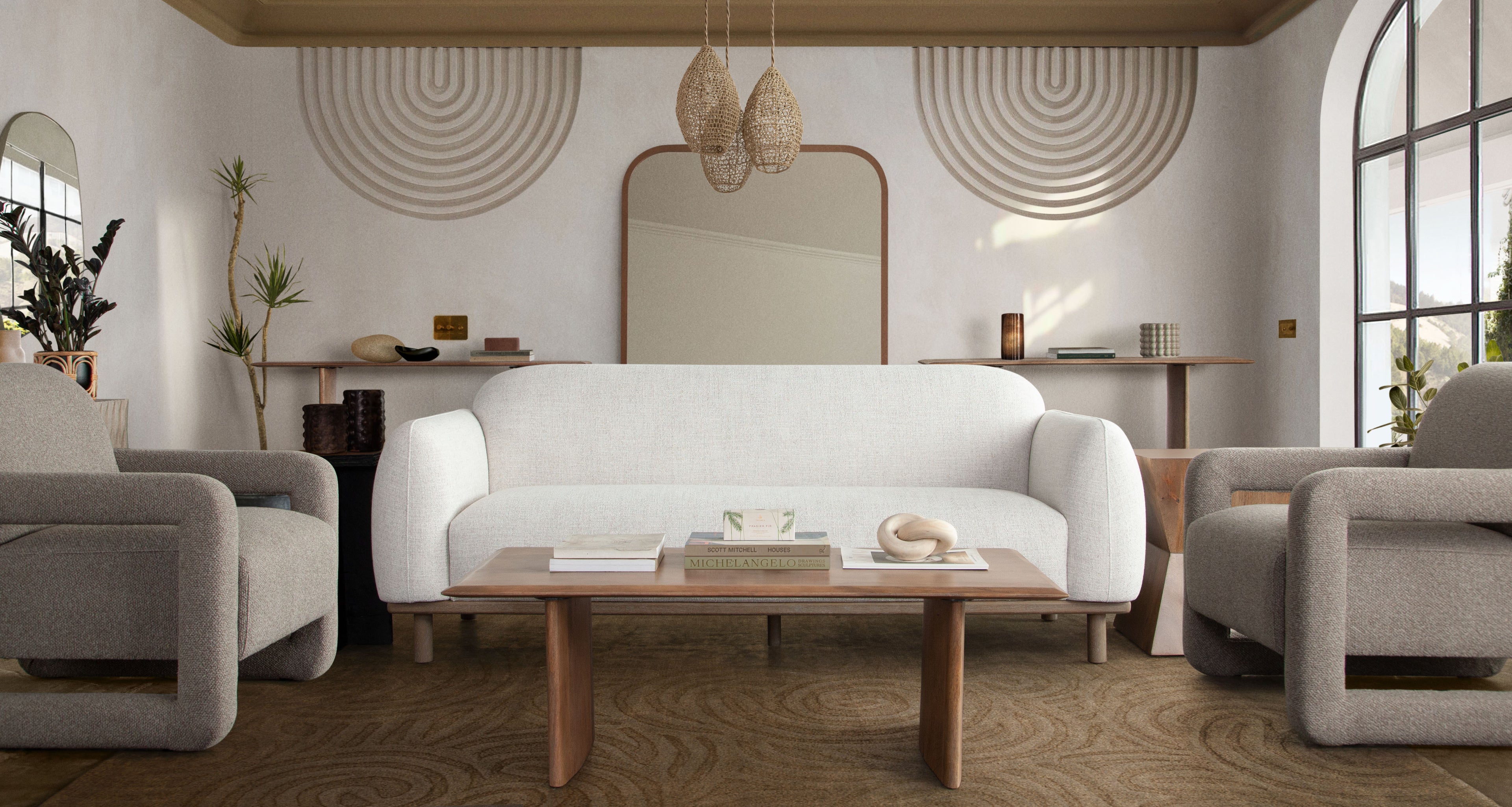 Larson Sofa in Light Barley Polyester Fabric with Wood Trim & Leg by Diamond Sofa - styled in a staged room by Center Stage Home Design