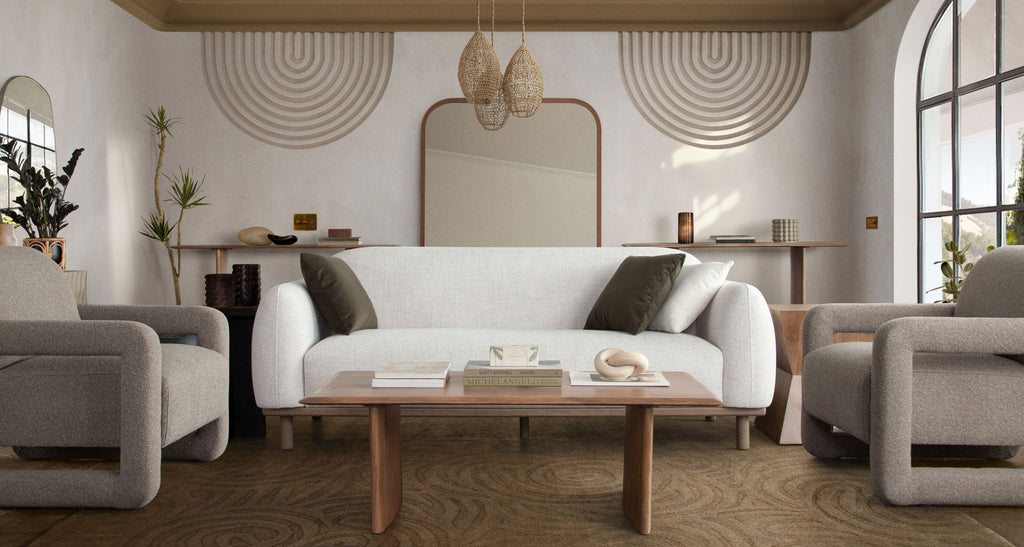 Larson Sofa in Light Barley Polyester Fabric with Wood Trim & Leg by Diamond Sofa - styled in a staged room by Center Stage Home Design
