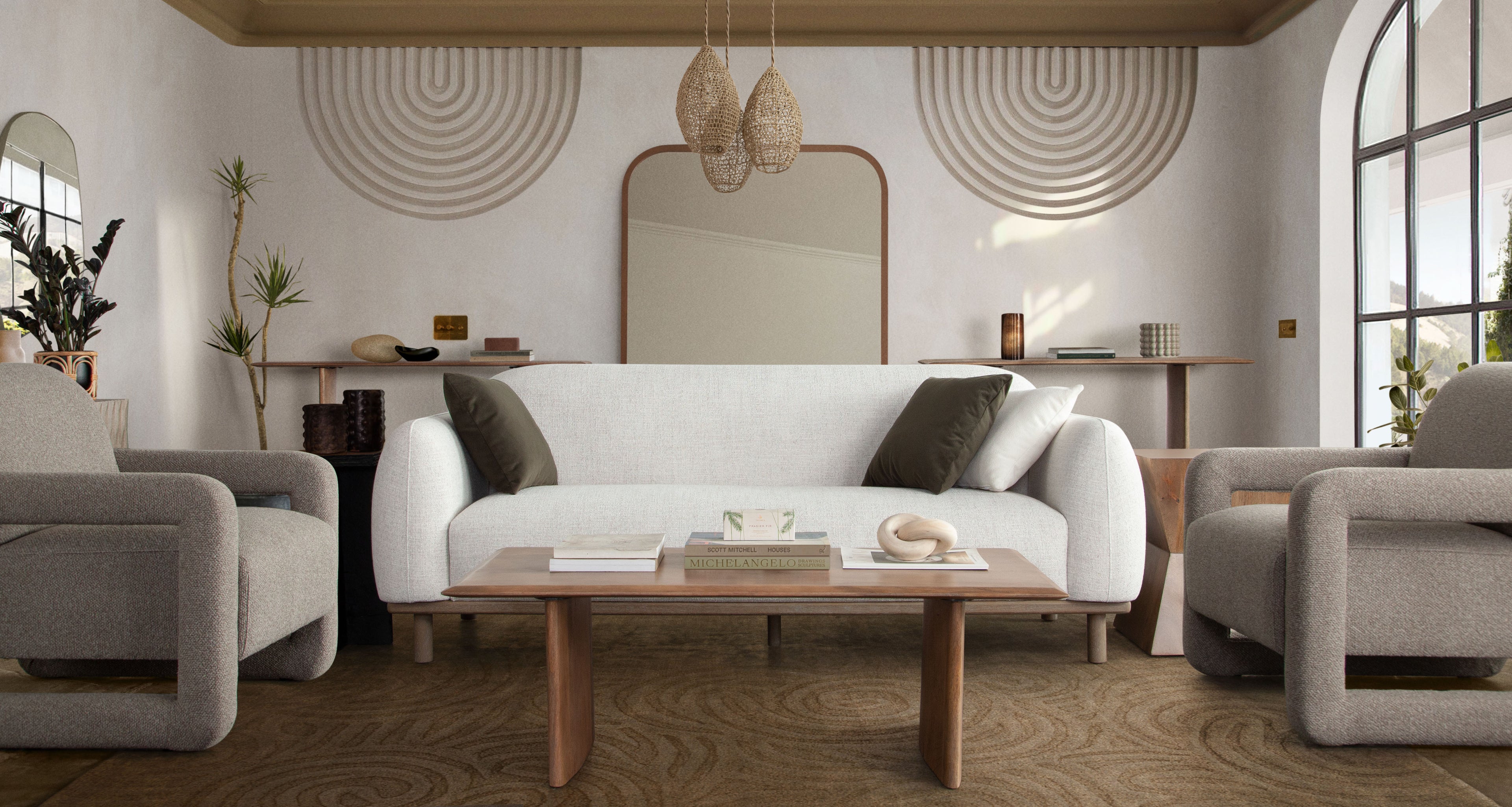 Larson Sofa in Light Barley Polyester Fabric with Wood Trim & Leg by Diamond Sofa - styled in a staged room by Center Stage Home Design