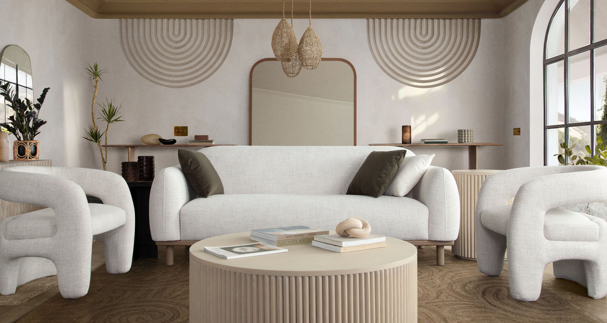 Larson Sofa in Light Barley Polyester Fabric with Wood Trim & Leg by Diamond Sofa - styled in a staged room by Center Stage Home Design