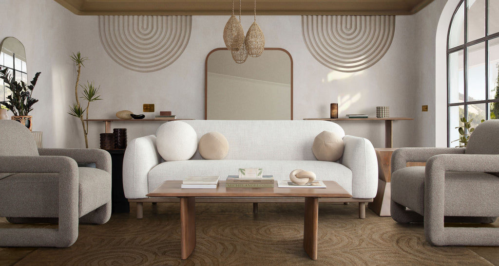 Larson Sofa in Light Barley Polyester Fabric with Wood Trim & Leg by Diamond Sofa - styled in a staged room by Center Stage Home Design
