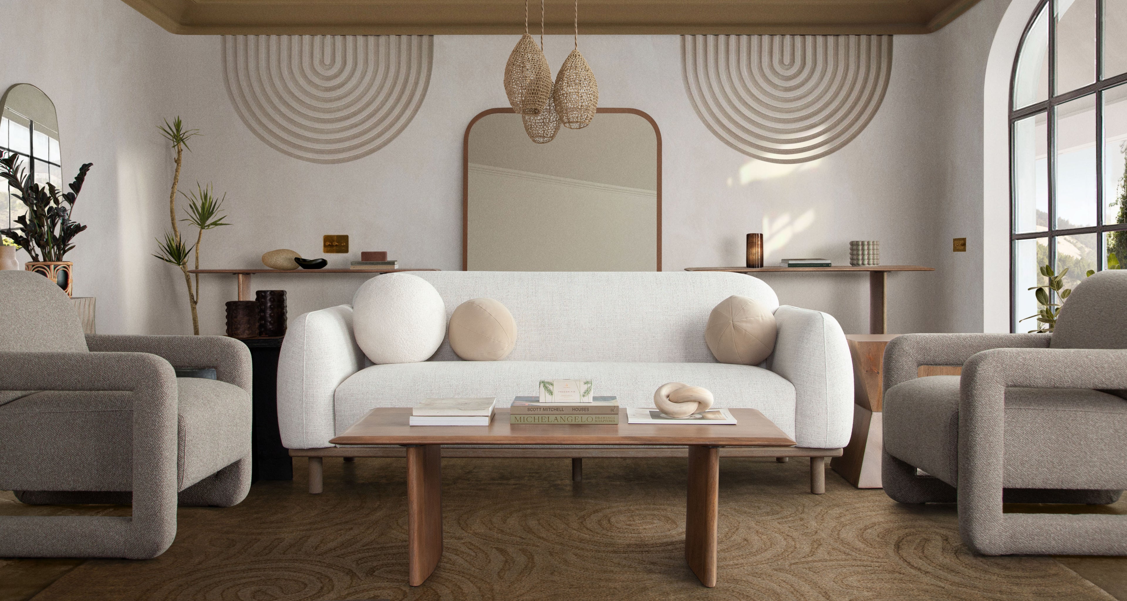 Larson Sofa in Light Barley Polyester Fabric with Wood Trim & Leg by Diamond Sofa - styled in a staged room by Center Stage Home Design