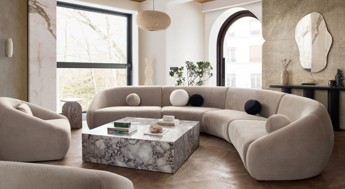 Lena 2PC Sofa in Fawn Faux Alpaca Fabric by Diamond Sofa - styled in a staged room by Center Stage Home Design