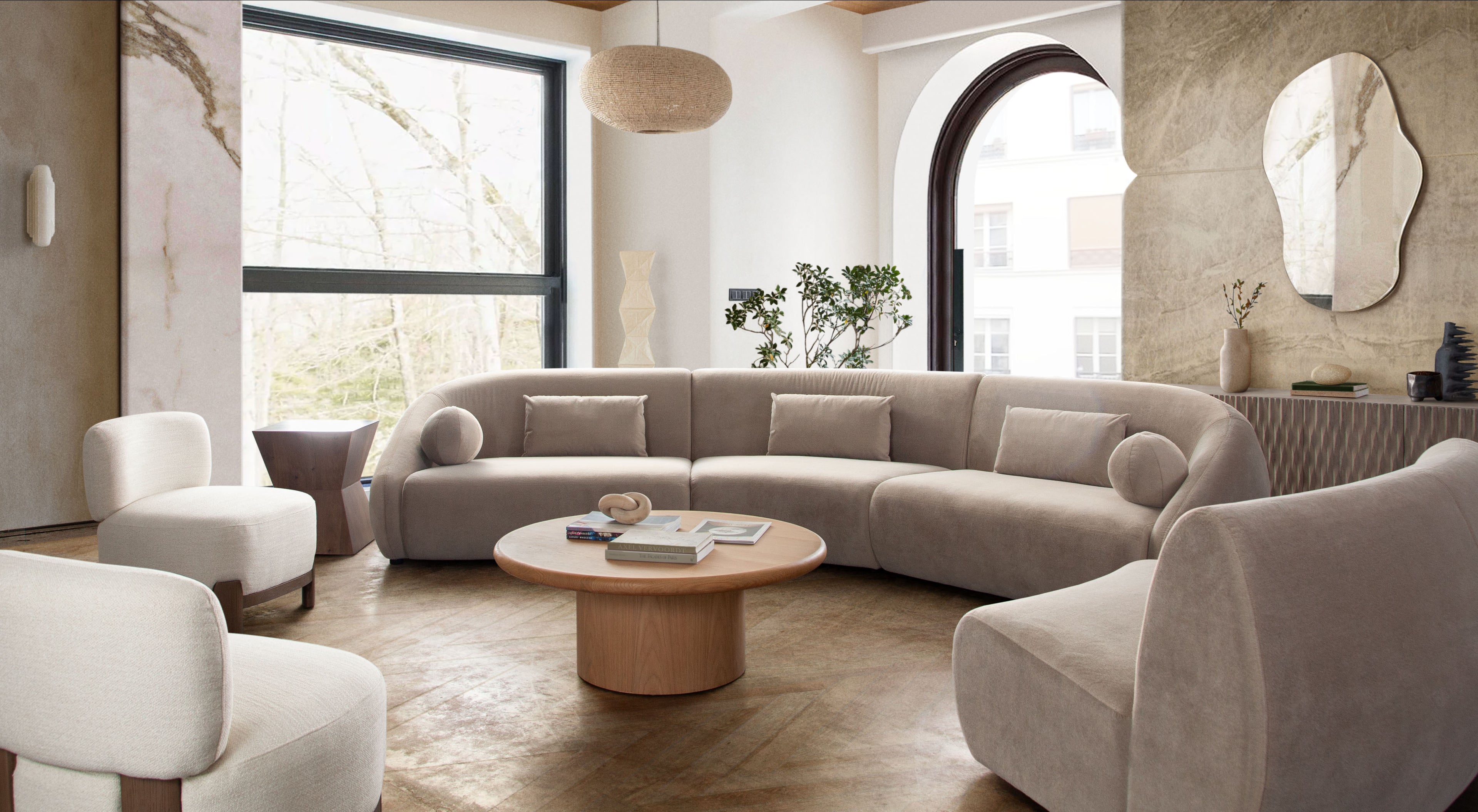 Lena 2PC Sofa in Fawn Faux Alpaca Fabric by Diamond Sofa - styled in a staged room by Center Stage Home Design