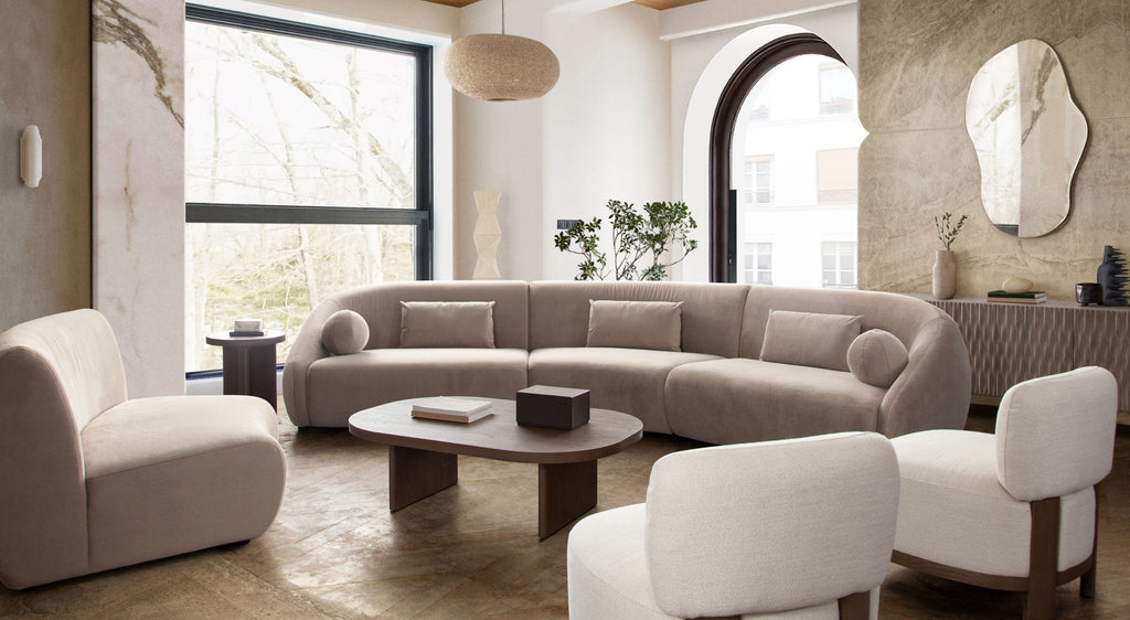 Lena 2PC Sofa in Fawn Faux Alpaca Fabric by Diamond Sofa - styled in a staged room by Center Stage Home Design