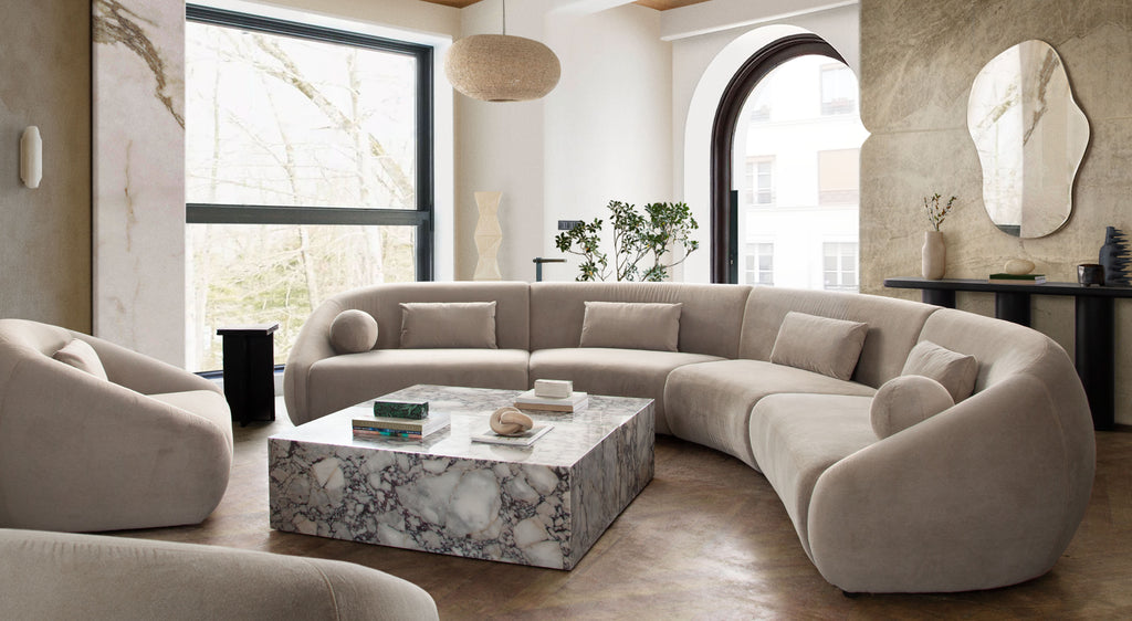 Lena 2PC Sofa in Fawn Faux Alpaca Fabric by Diamond Sofa - styled in a staged room by Center Stage Home Design