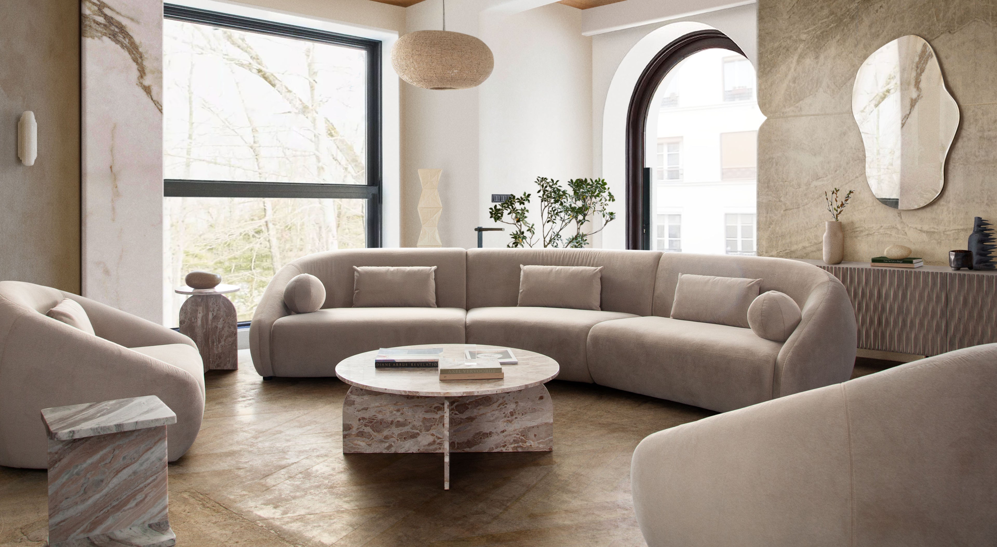 Lena 3PC Sectional in Fawn Faux Alpaca Fabric by Diamond Sofa - styled in a staged room by Center Stage Home Design