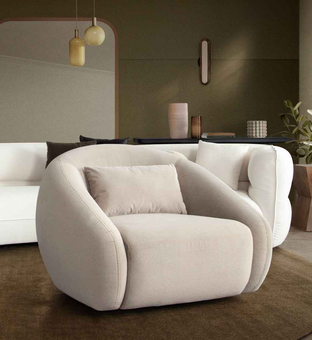 Lena Swivel Accent Chair in Fawn Faux Alpaca Fabric by Diamond Sofa - styled in a staged room by Center Stage Home Design