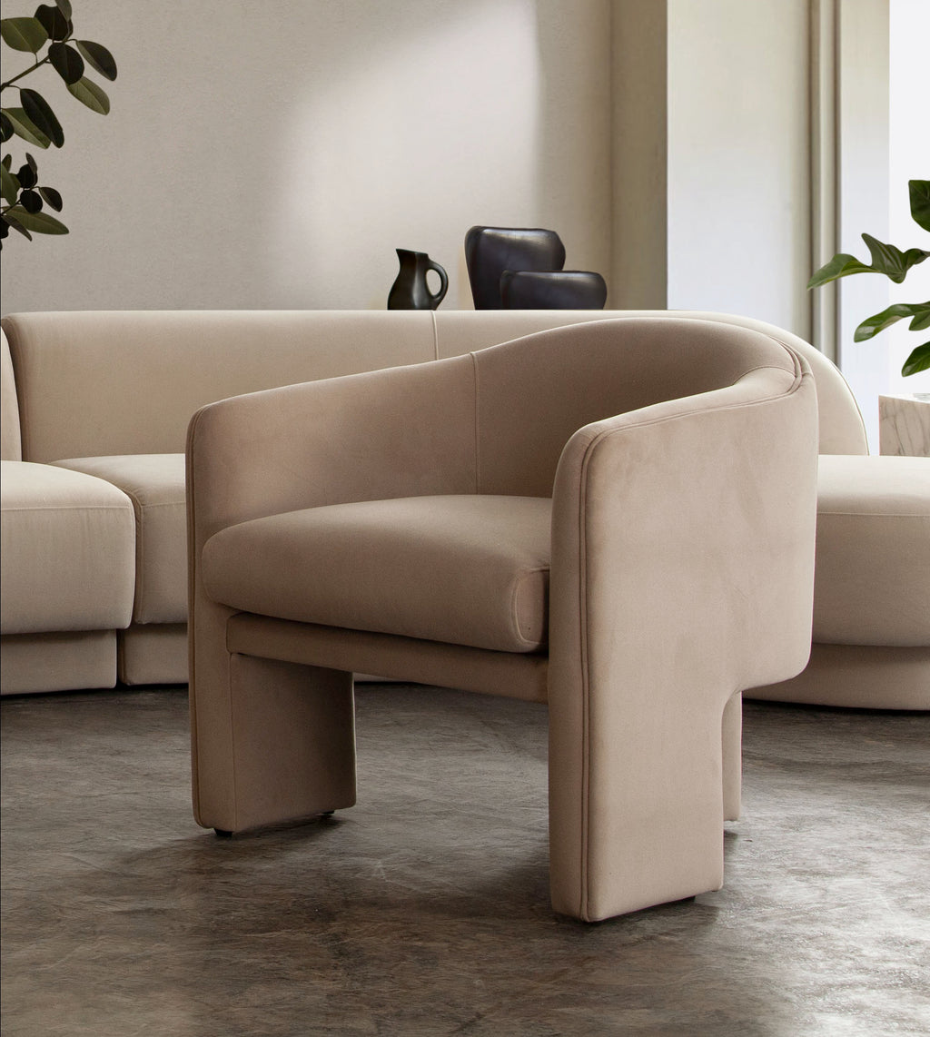 Leyah Accent Chair in Camel Performance Velvet by Diamond Sofa - styled in a staged room by Center Stage Home Design