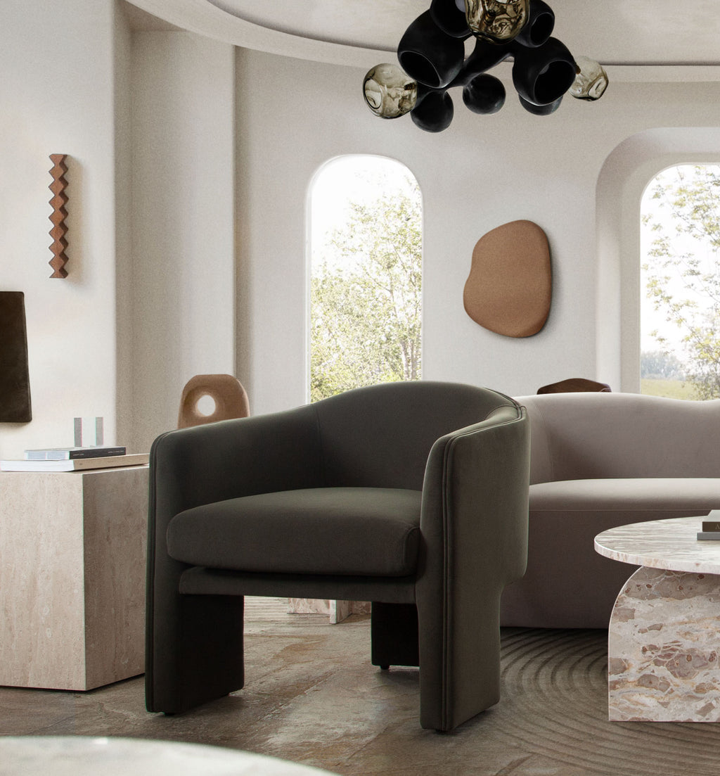 Leyah Accent Chair in Winter Moss Performance Velvet by Diamond Sofa - styled in a staged room by Center Stage Home Design