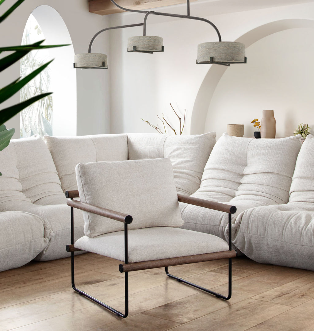 Liam Accent Chair in Cream Fabric w/ Metal Frame & Wood Arm by Diamond Sofa - styled in a staged room by Center Stage Home Design