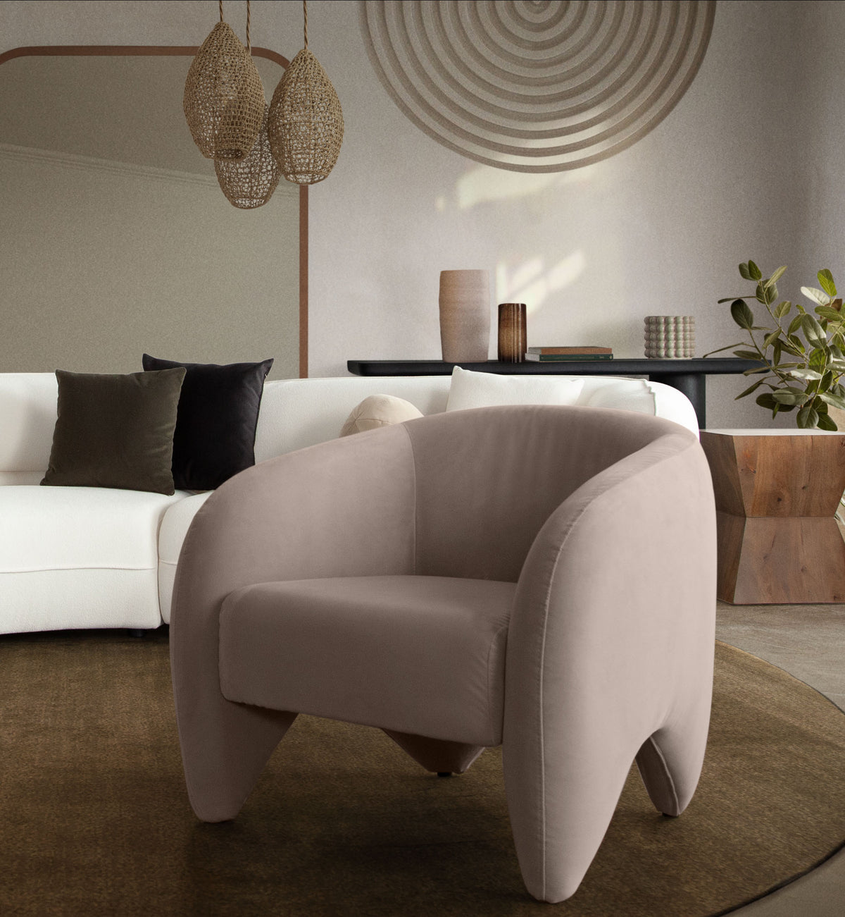 Link Accent Chair in Winter Mink Performance Velvet by Diamond Sofa - styled in a staged room by Center Stage Home Design