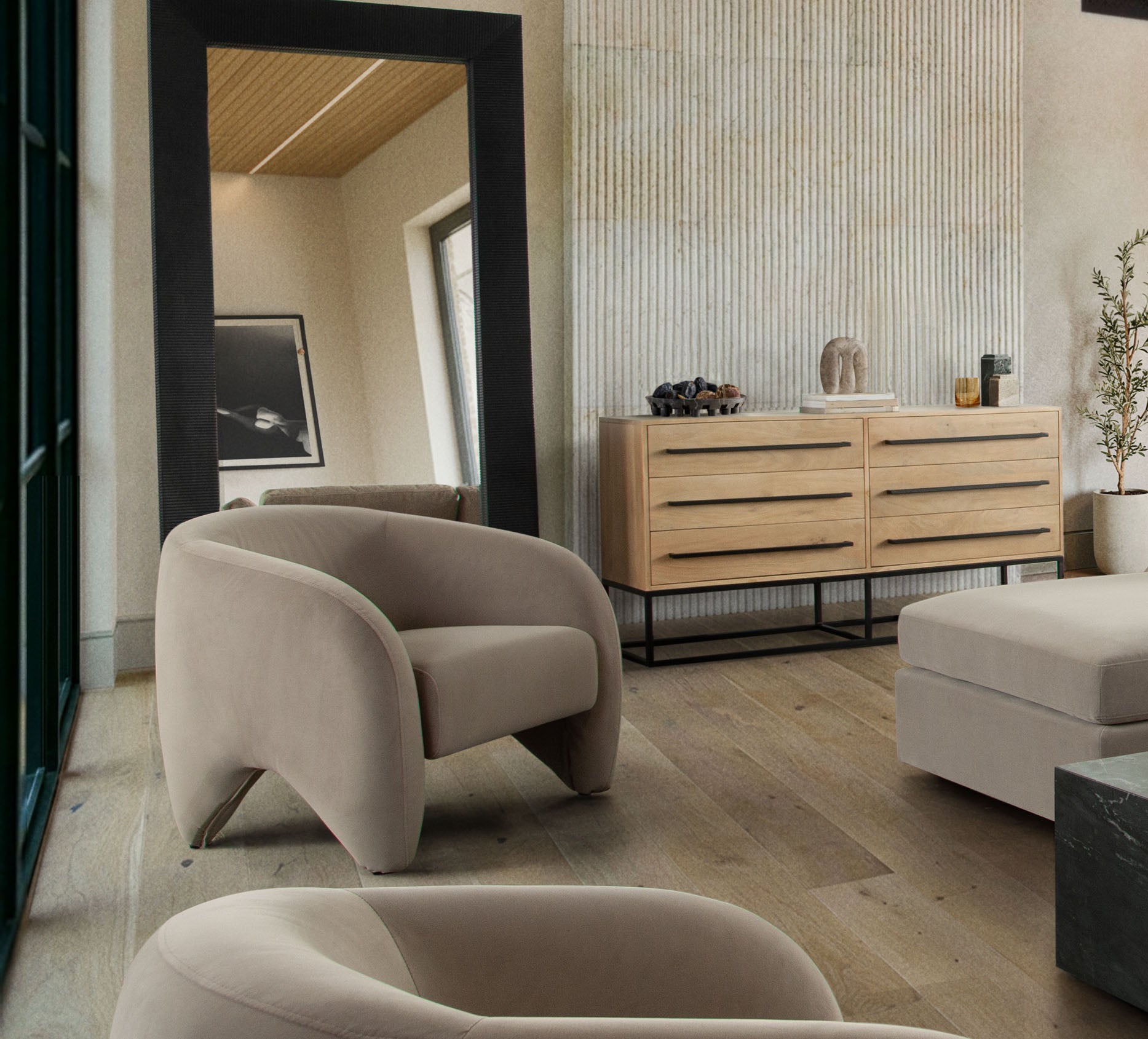 Link Accent Chair in Winter Mink Performance Velvet by Diamond Sofa - styled in a staged room by Center Stage Home Design