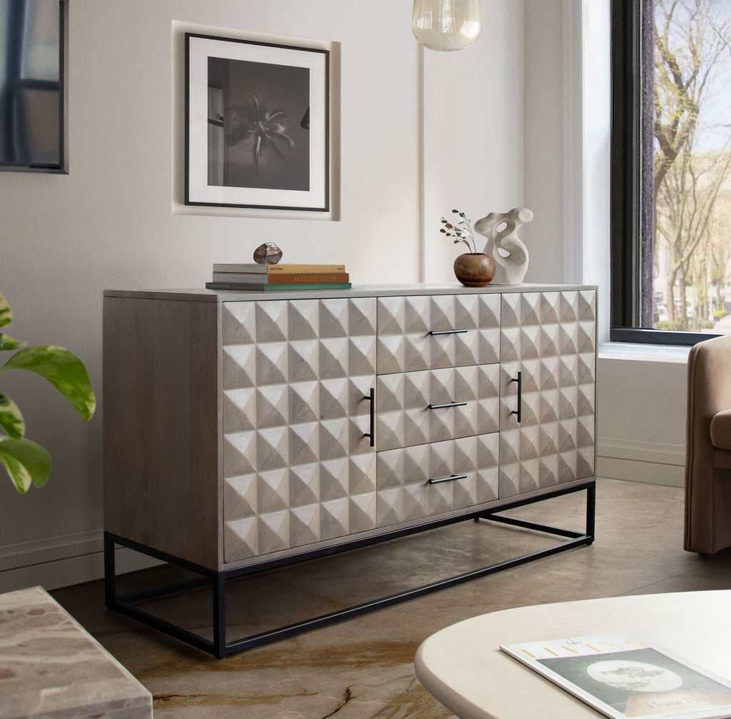 Madera 3-Drawer/2-Door Solid Wood Dresser in Ash Finish w/ Black Metal Finished Legs by Diamond Sofa - styled in a staged room by Center Stage Home Design