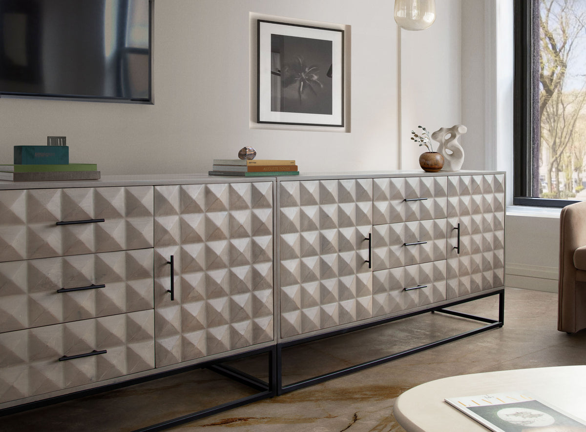 Madera 3-Drawer/2-Door Solid Wood Dresser in Ash Finish w/ Black Metal Finished Legs by Diamond Sofa - styled in a staged room by Center Stage Home Design