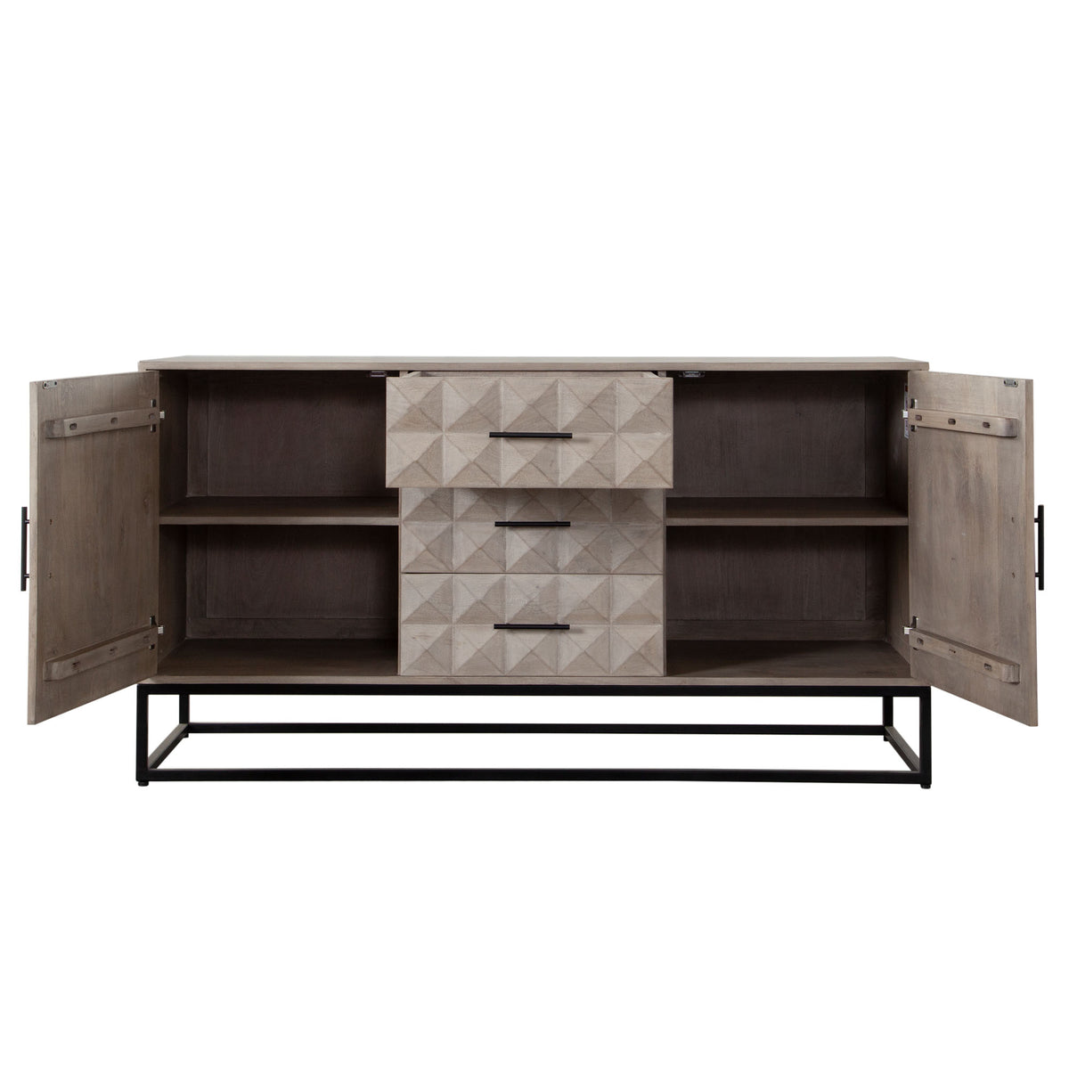 Madera 3-Drawer/2-Door Solid Wood Dresser in Ash Finish w/ Black Metal Finished Legs by Diamond Sofa
