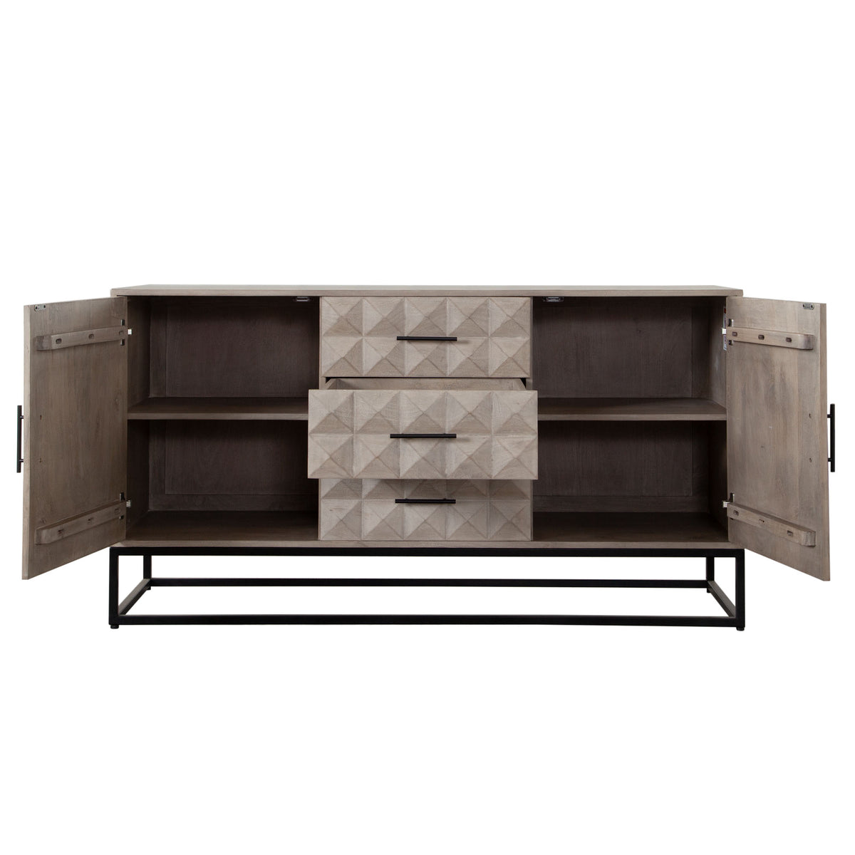 Madera 3-Drawer/2-Door Solid Wood Dresser in Ash Finish w/ Black Metal Finished Legs by Diamond Sofa